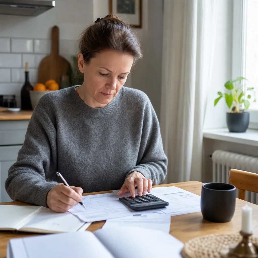 Person räknar på sina elkostnader med miniräknare och papper vid köksbordet