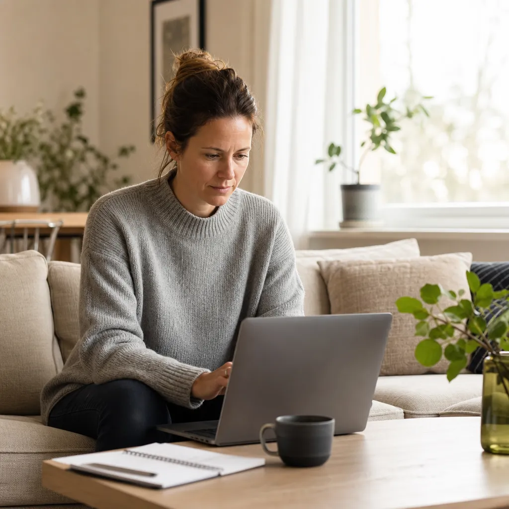 Kvinna jämför elavtalserbjudanden på sin laptop hemma i soffan med anteckningsblock bredvid