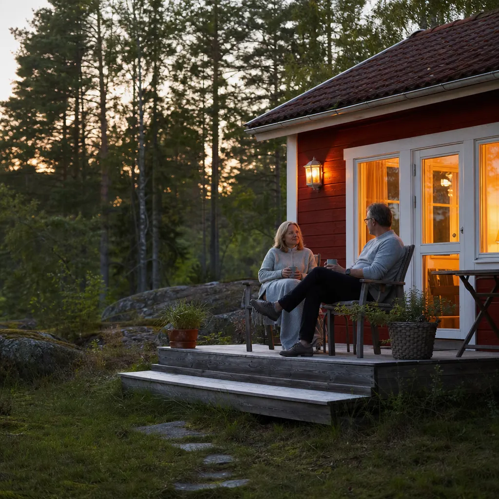 Röd sommarstuga vid skogsbryn i kvällsljus med ett par på verandan