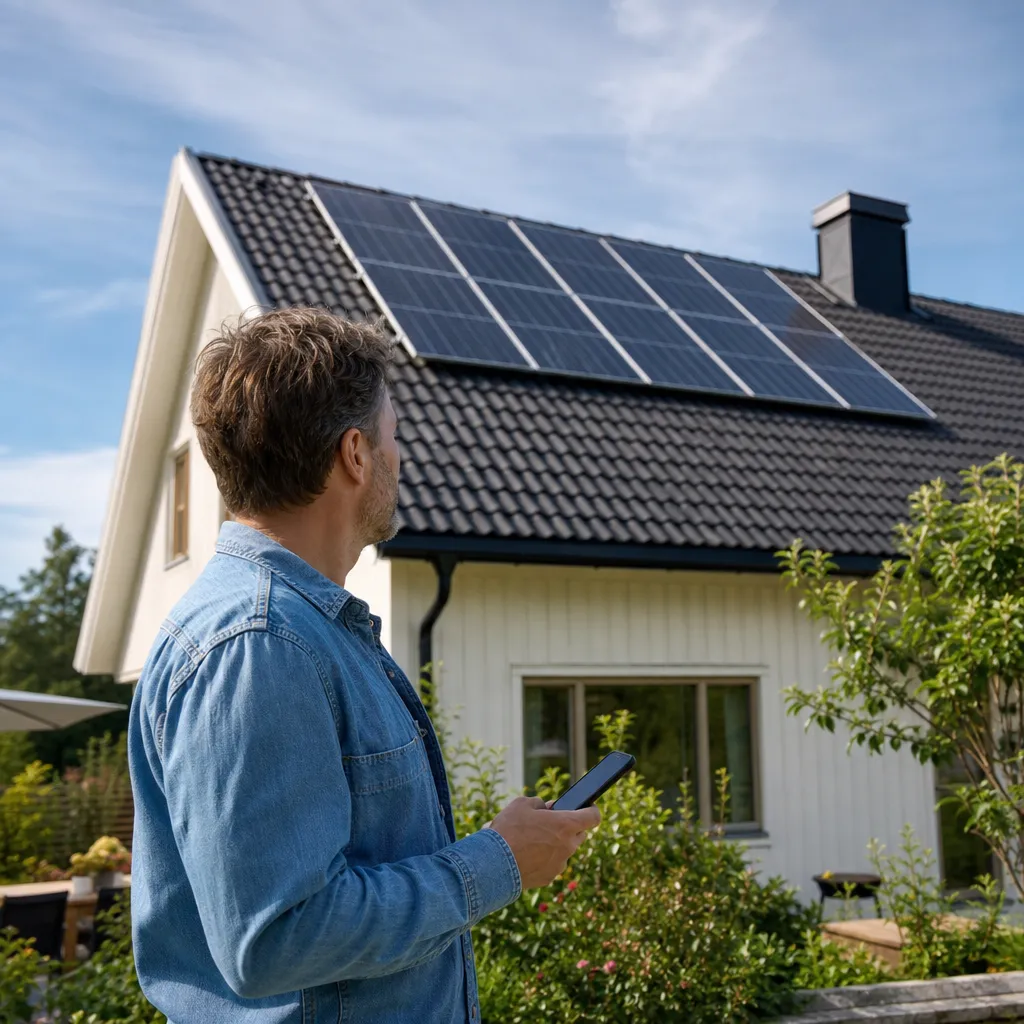 Villaägare med mobilen i handen tittar upp mot solpanelerna på sitt tak en solig dag