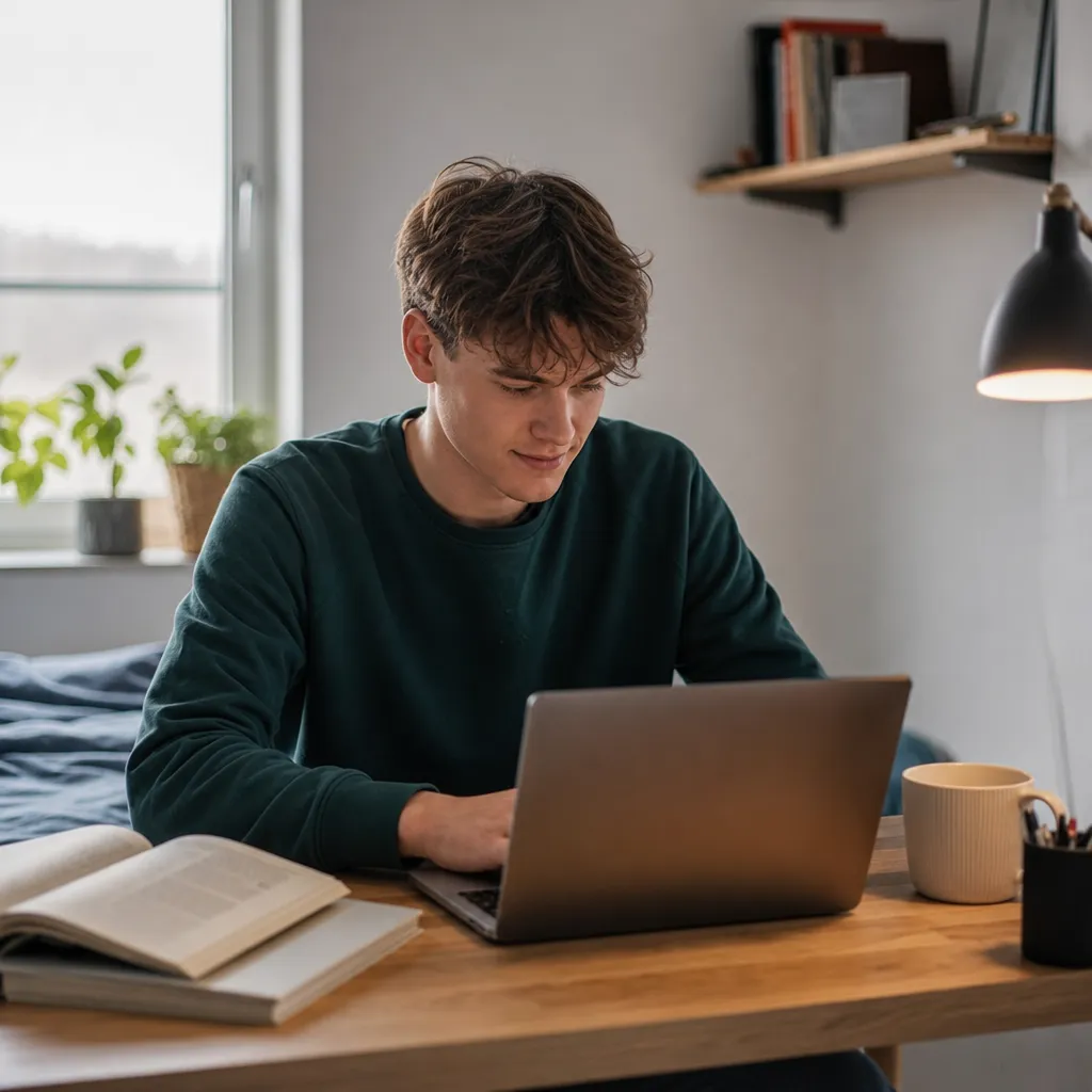 Student tecknar sitt första elavtal på laptopen i ett litet studentrum