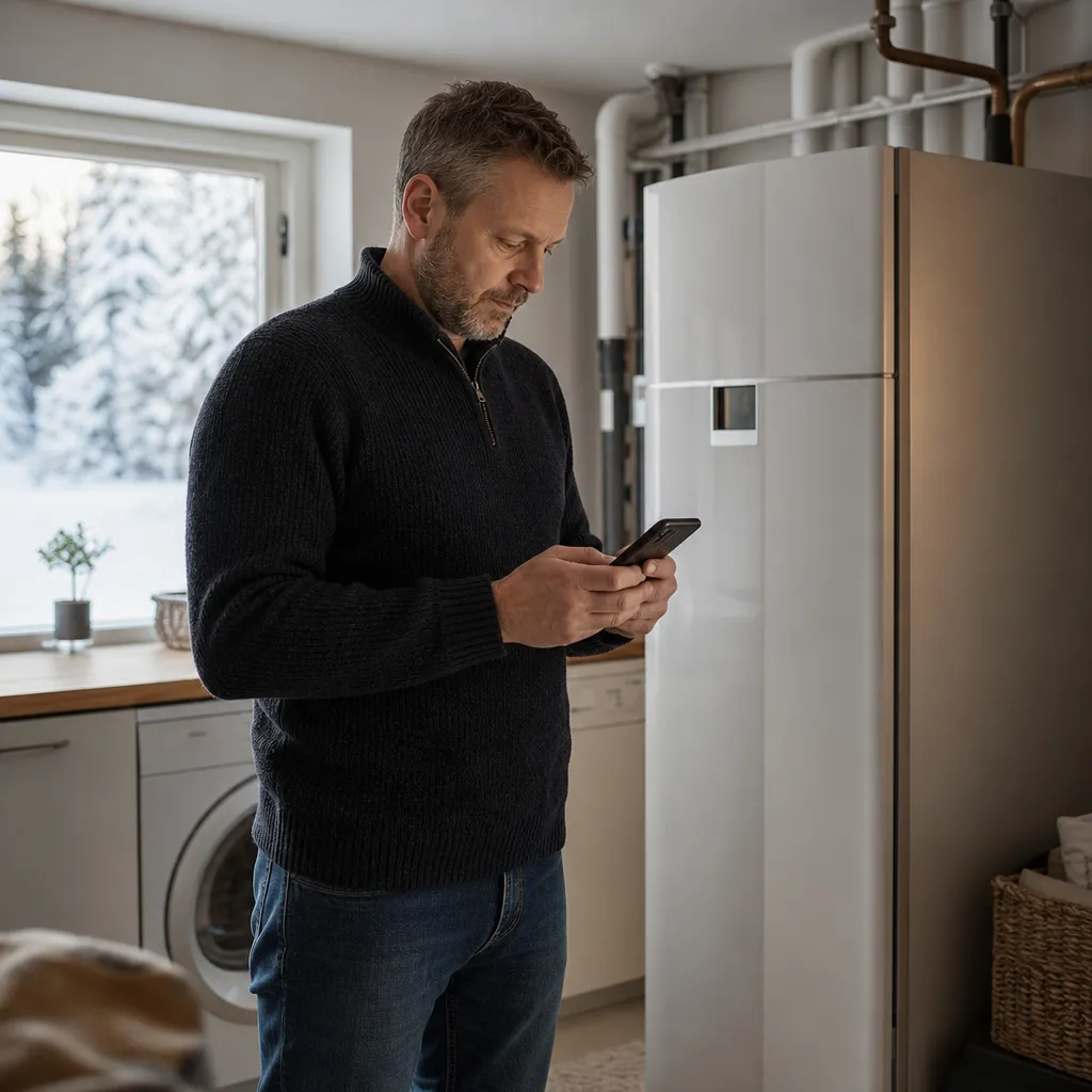 Villaägare kontrollerar elförbrukningen i mobilen intill värmepumpen i tvättstugan