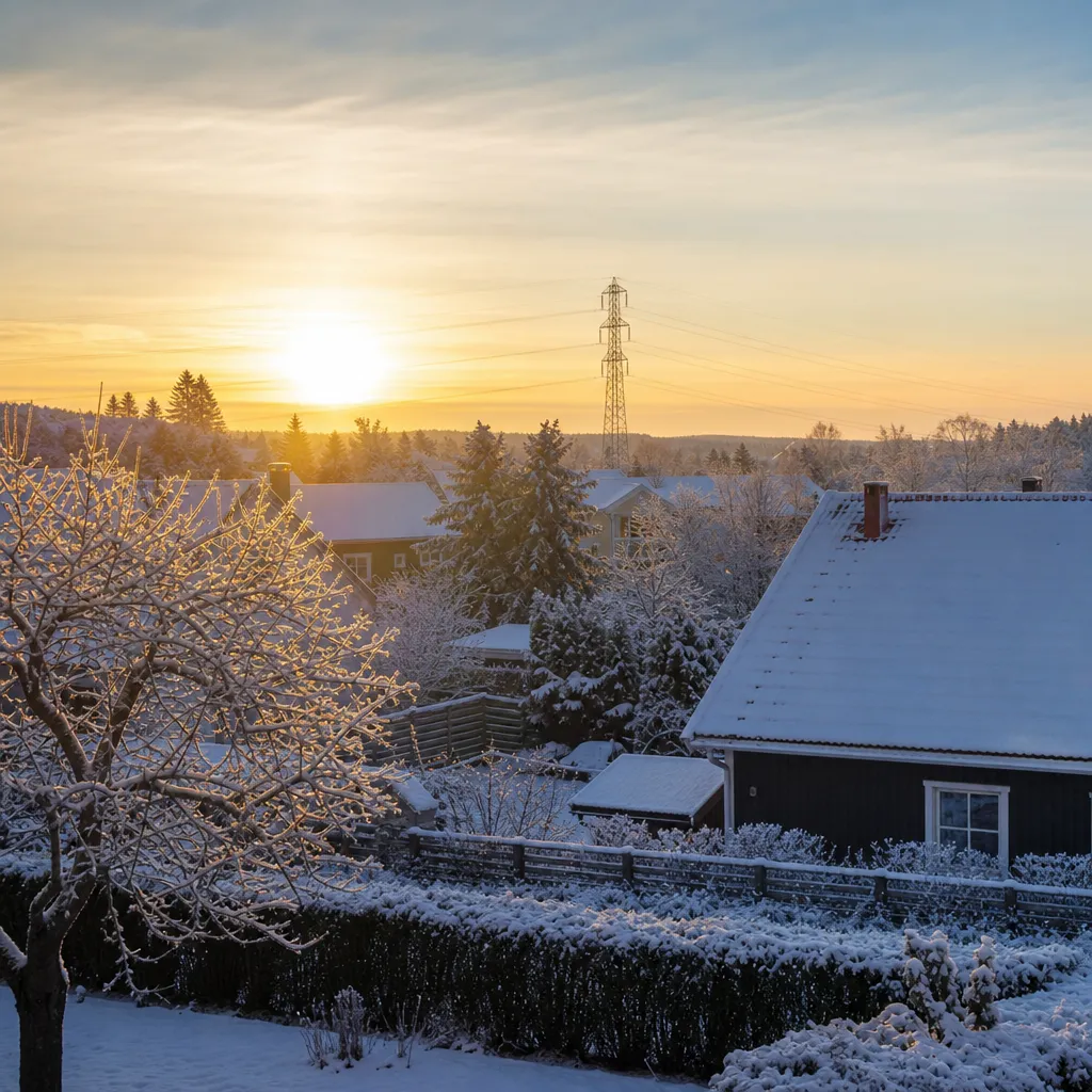 Snötäckt svenskt villaområde en kall vintermorgon med kraftledning i bakgrunden