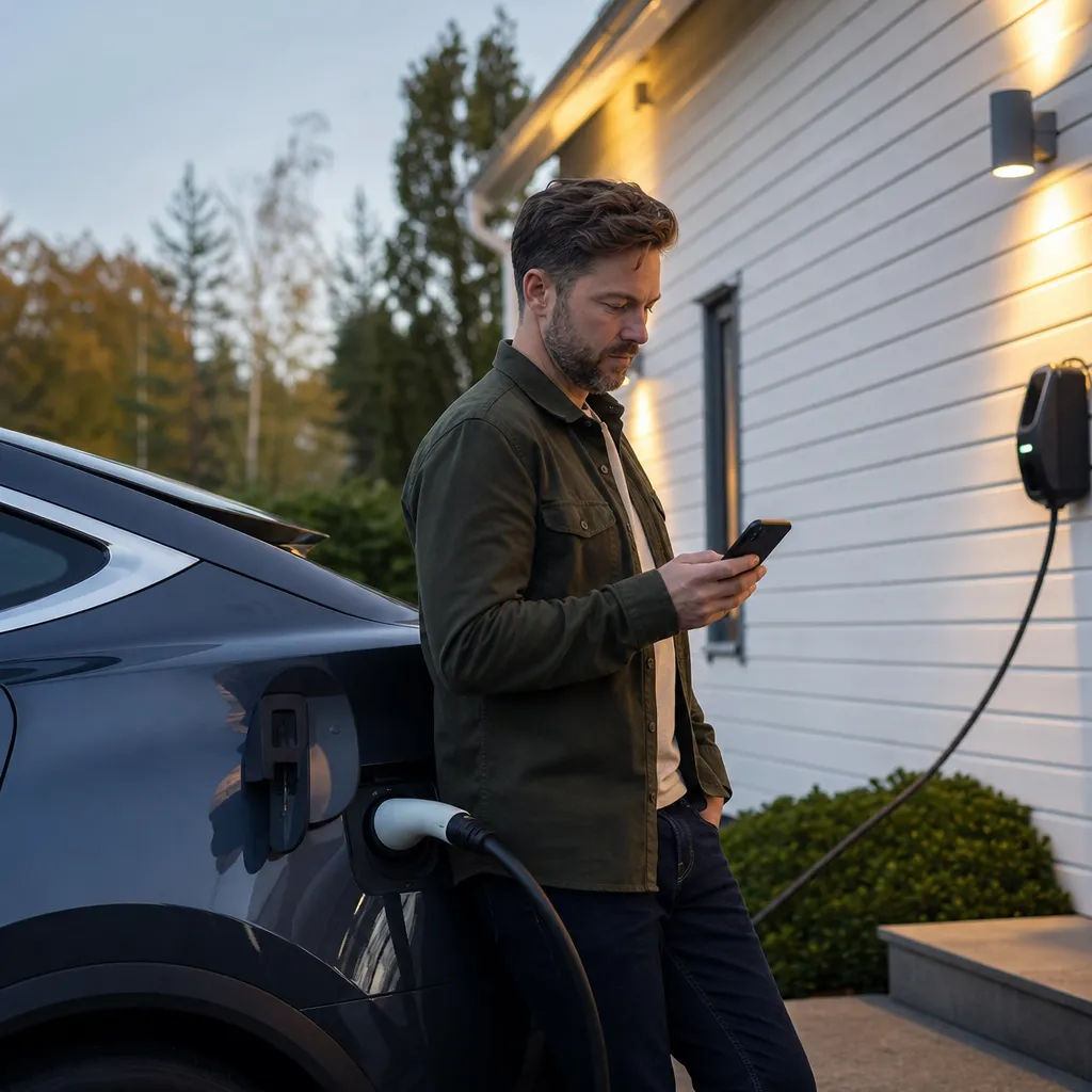 Elbil laddas vid en svensk villa medan ägaren följer laddningen i mobilen