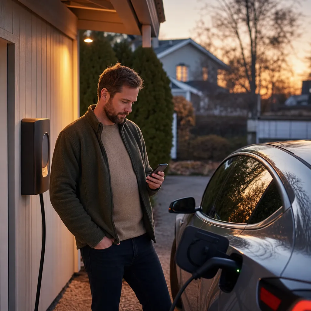 Villaägare står vid sin elbil på uppfarten med mobilen i handen en tidig kväll