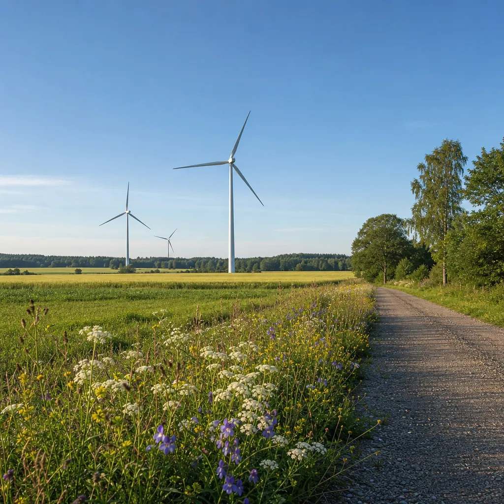 Vindkraftverk i ett öppet svenskt jordbrukslandskap en klar sommarmorgon