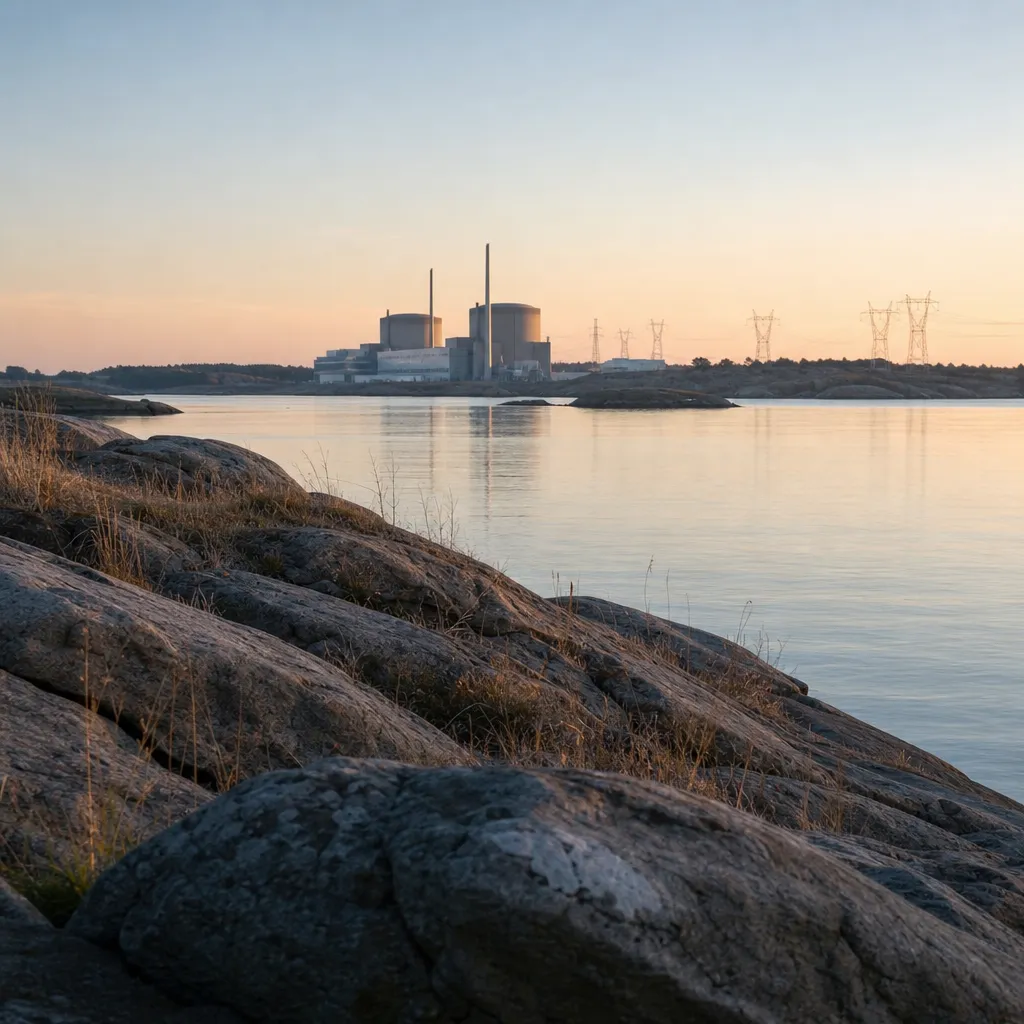 Kärnkraftverk vid svensk kust i morgonljus med kraftledningar i förgrunden