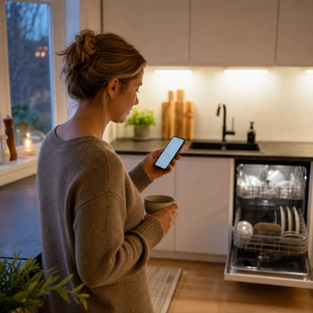 Person i svenskt kök följer elprisets kurva i mobilen under en vardagskväll