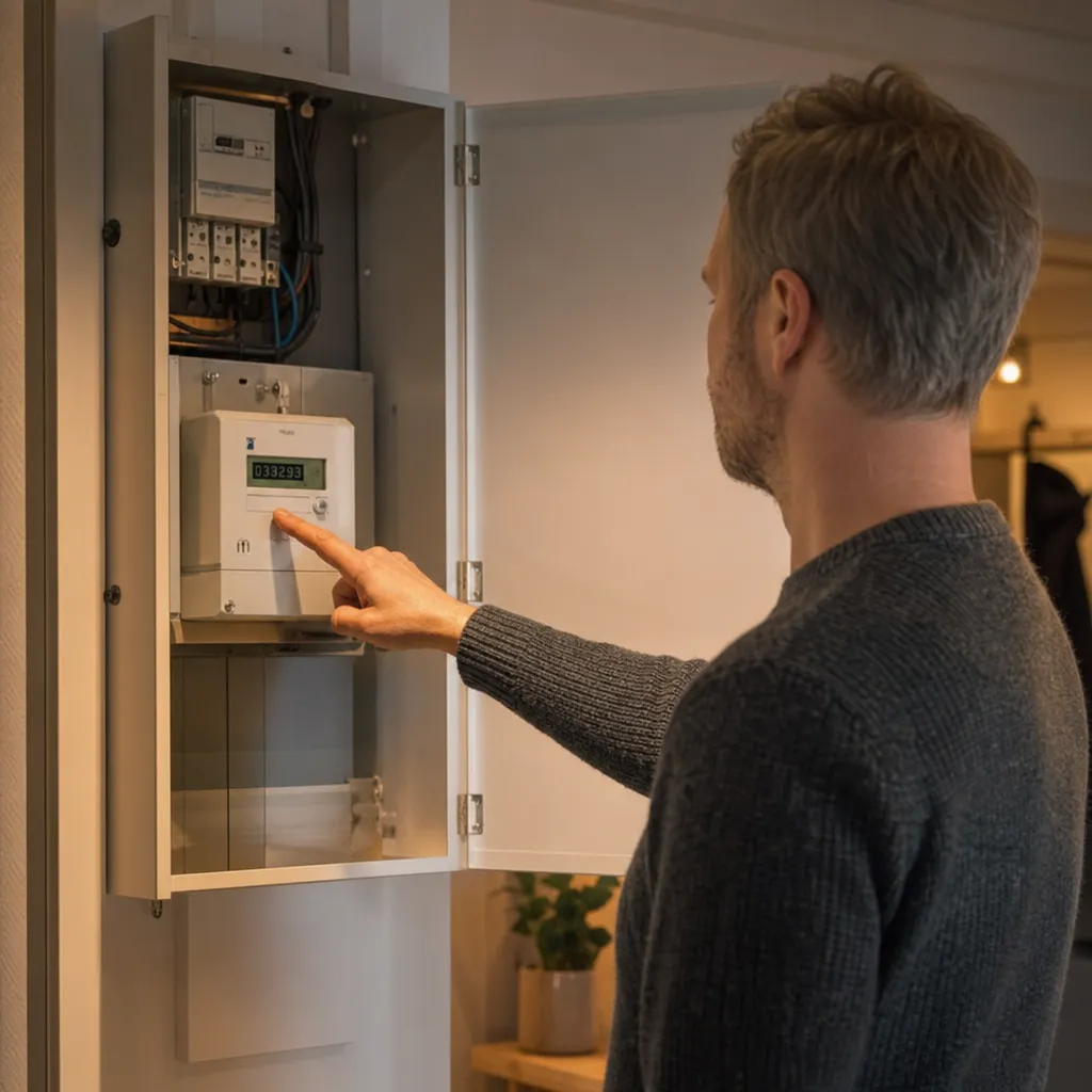 Villaägare läser av elmätaren i sitt hus för att kontrollera elförbrukningen