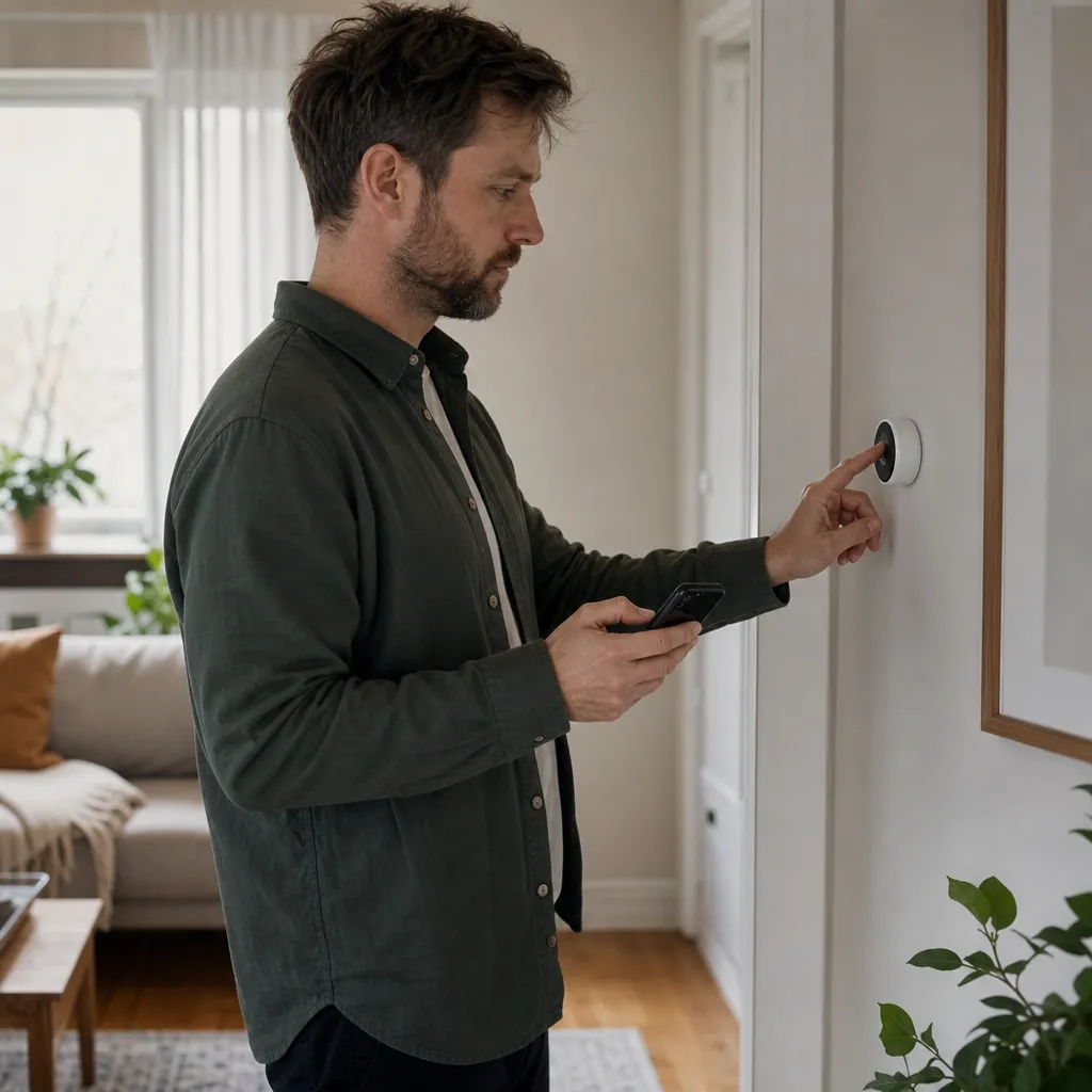 Person justerar en smart termostat på väggen i ett vardagsrum med mobilen i handen