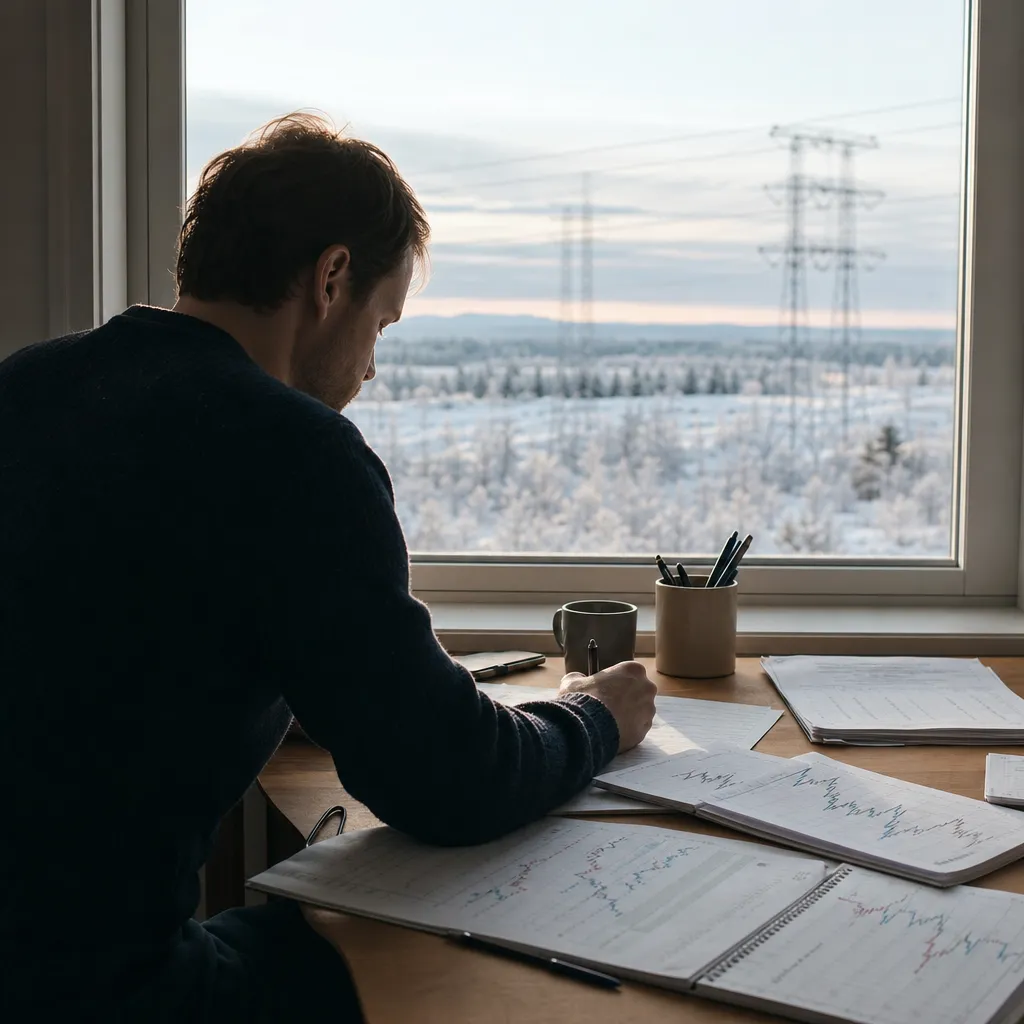 Person vid skrivbord följer elprisernas utveckling i diagram, med kraftledningar i vinterlandskap utanför fönstret