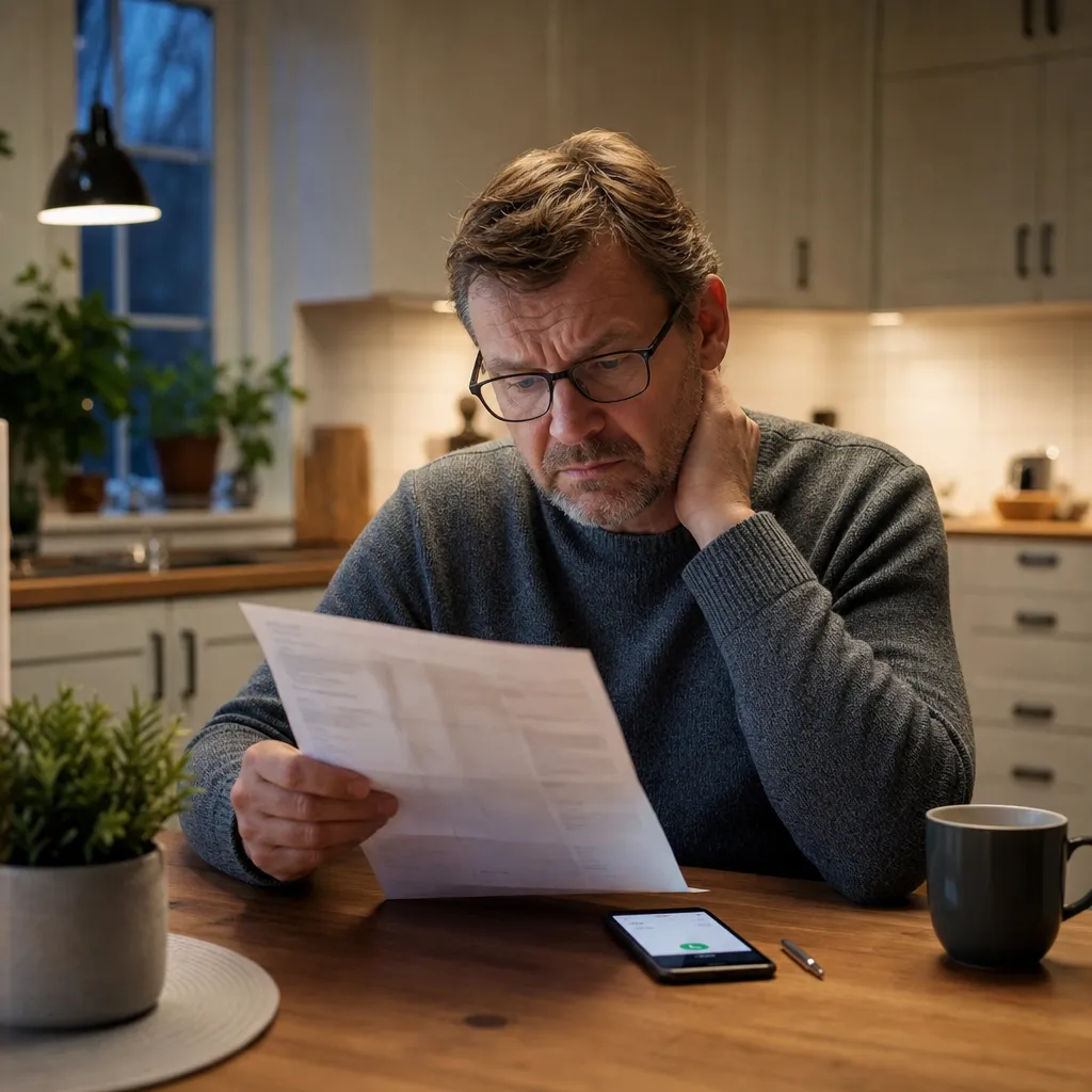 Person vid köksbordet granskar en elräkning medan mobiltelefonen ringer