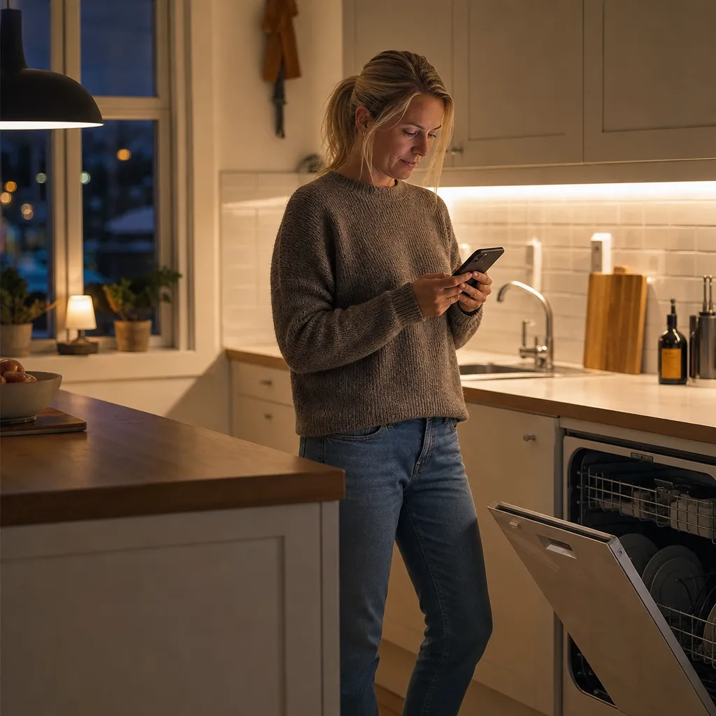 Person i ett svenskt kök startar diskmaskinen på kvällen och planerar sin elanvändning med mobilen i handen