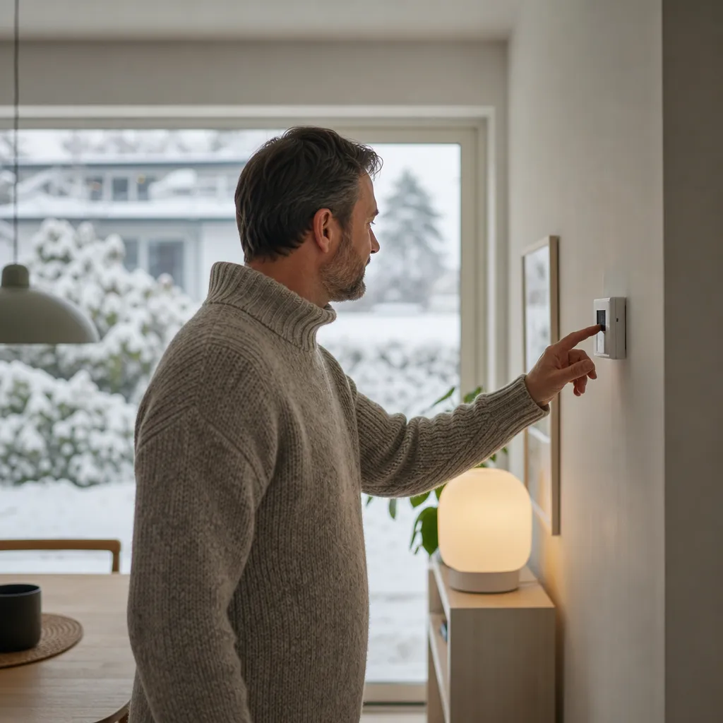 Villaägare justerar termostaten i vardagsrummet en snöig vinterdag